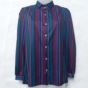 Womens Button Up Shirt Small S Vintage 70s Queen Casuals Stripe Blue Purple